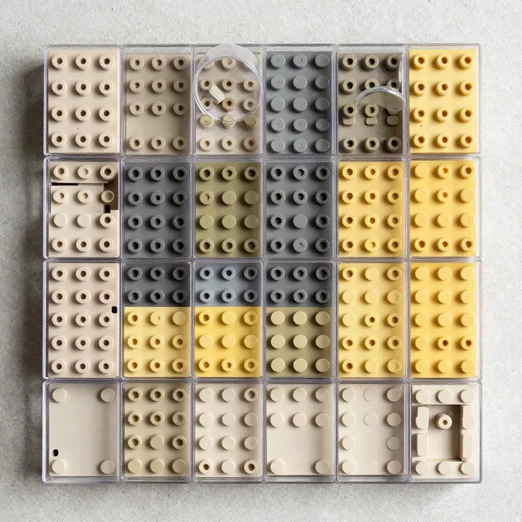 Overhead flatlay of sorted brick trays and a tipped parts cup on pale concrete.