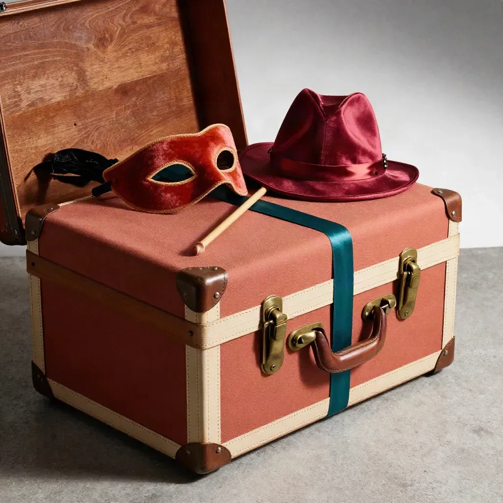Floor-level view of a costume trade box bursting with mask, hat, wand, and fabric