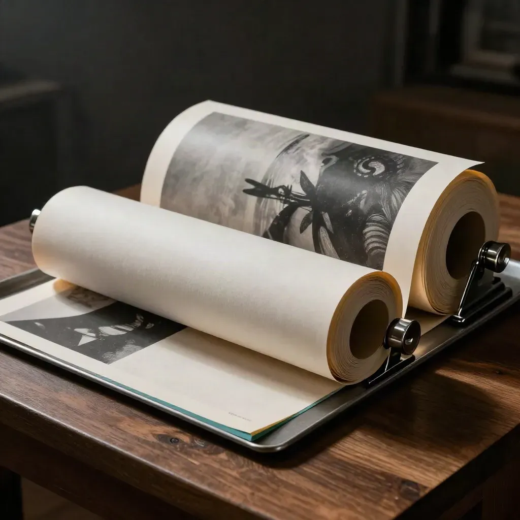Rolled concert posters and clipped sheets splay from a metal tray in dramatic studio light