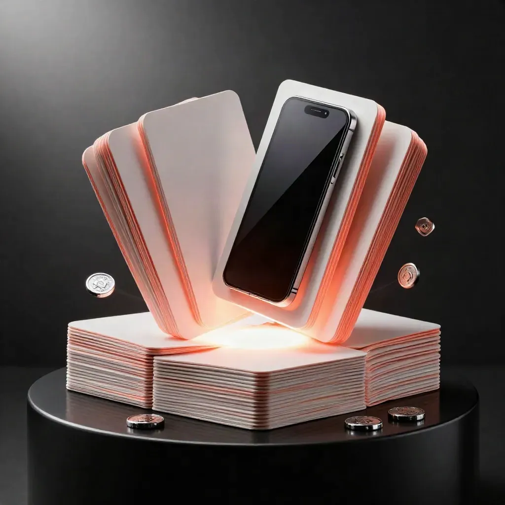 Blank match cards, phone silhouette and trade tokens glowing on a black pedestal.