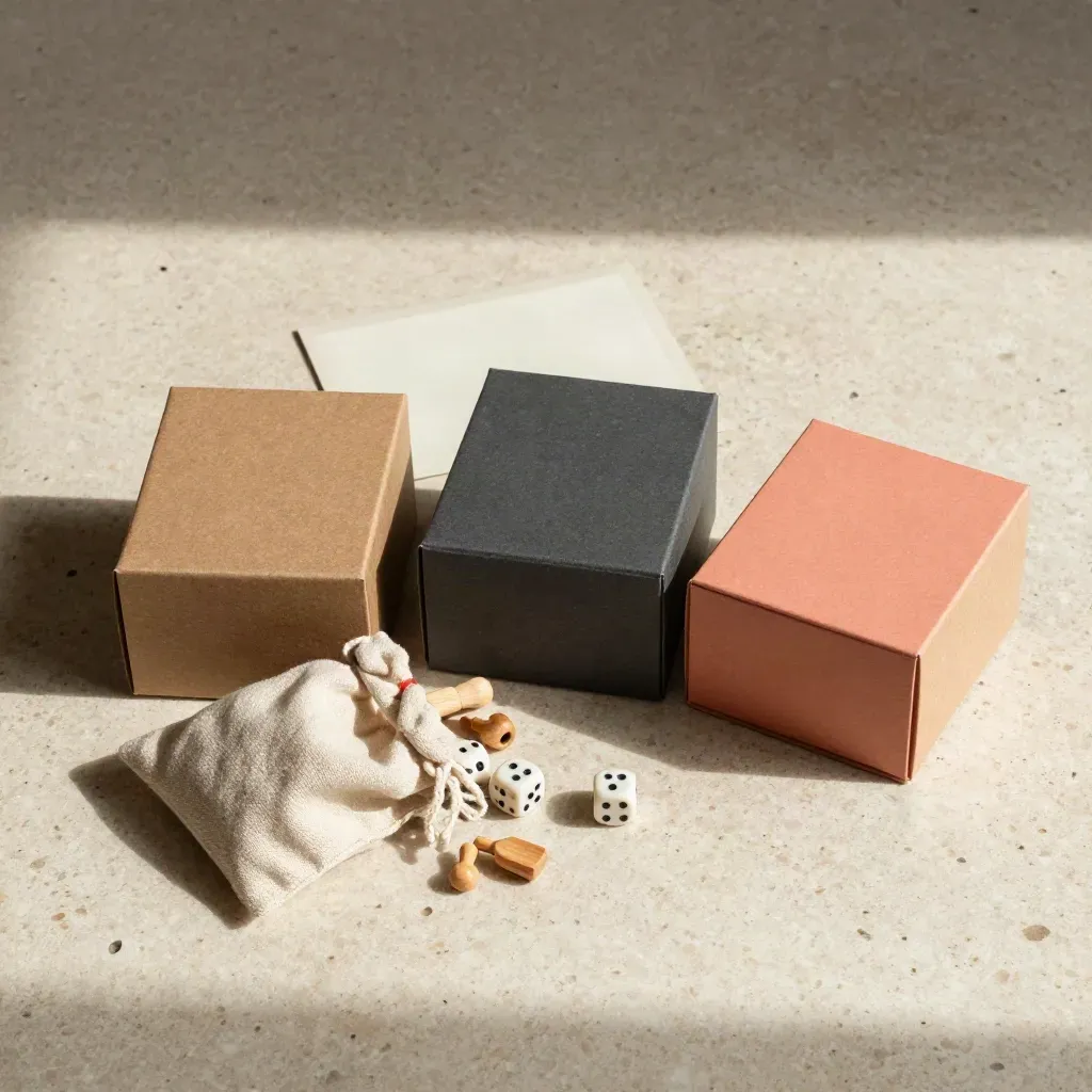 Overhead flatlay of three board game boxes, dice and a linen pouch on pale travertine.