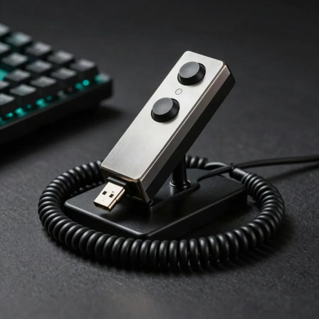 Rare arcade stick with USB-C cable on a dark plinth, lit with dramatic teal rim light.