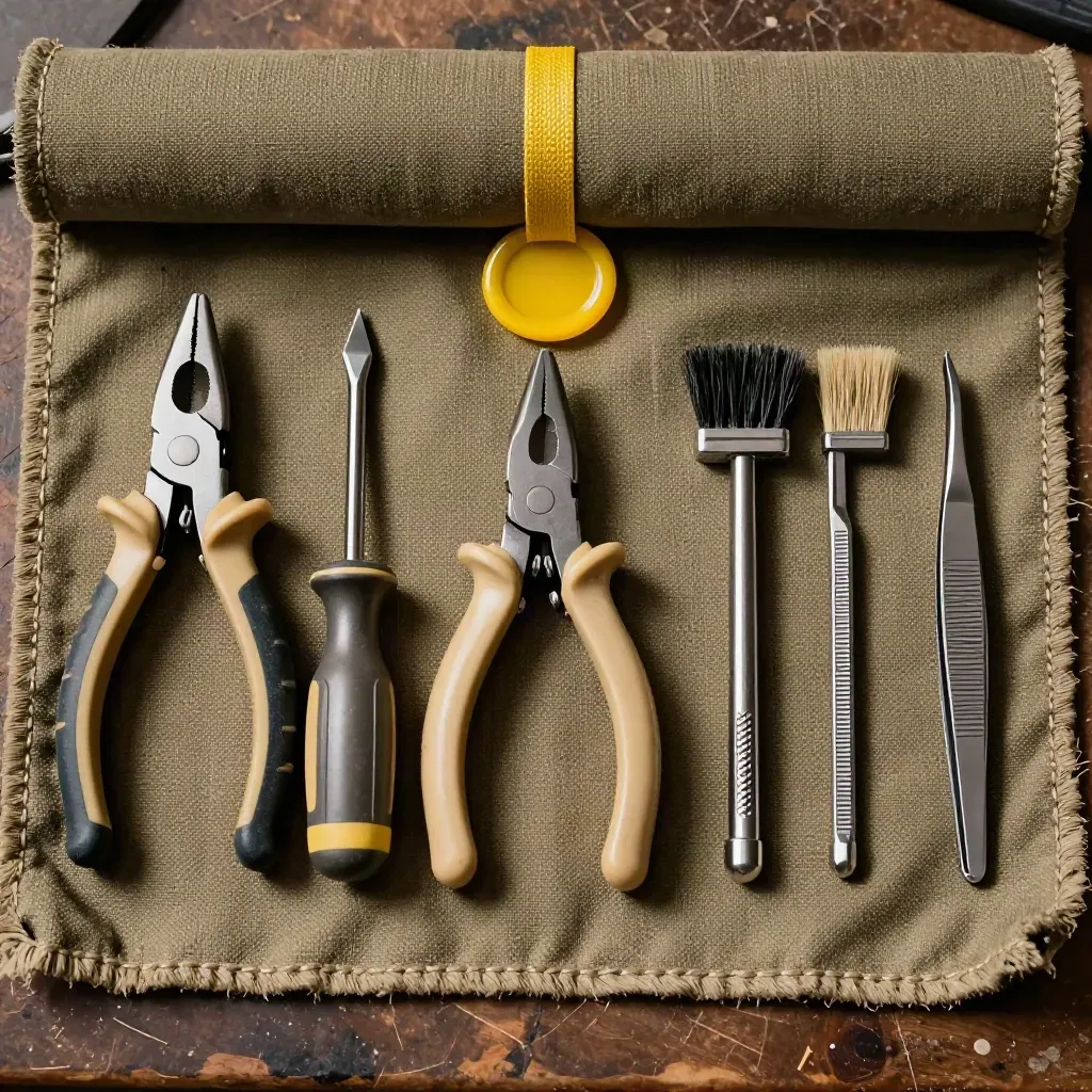 Top-down macro of eight hand tools splayed on a canvas roll in workshop light.