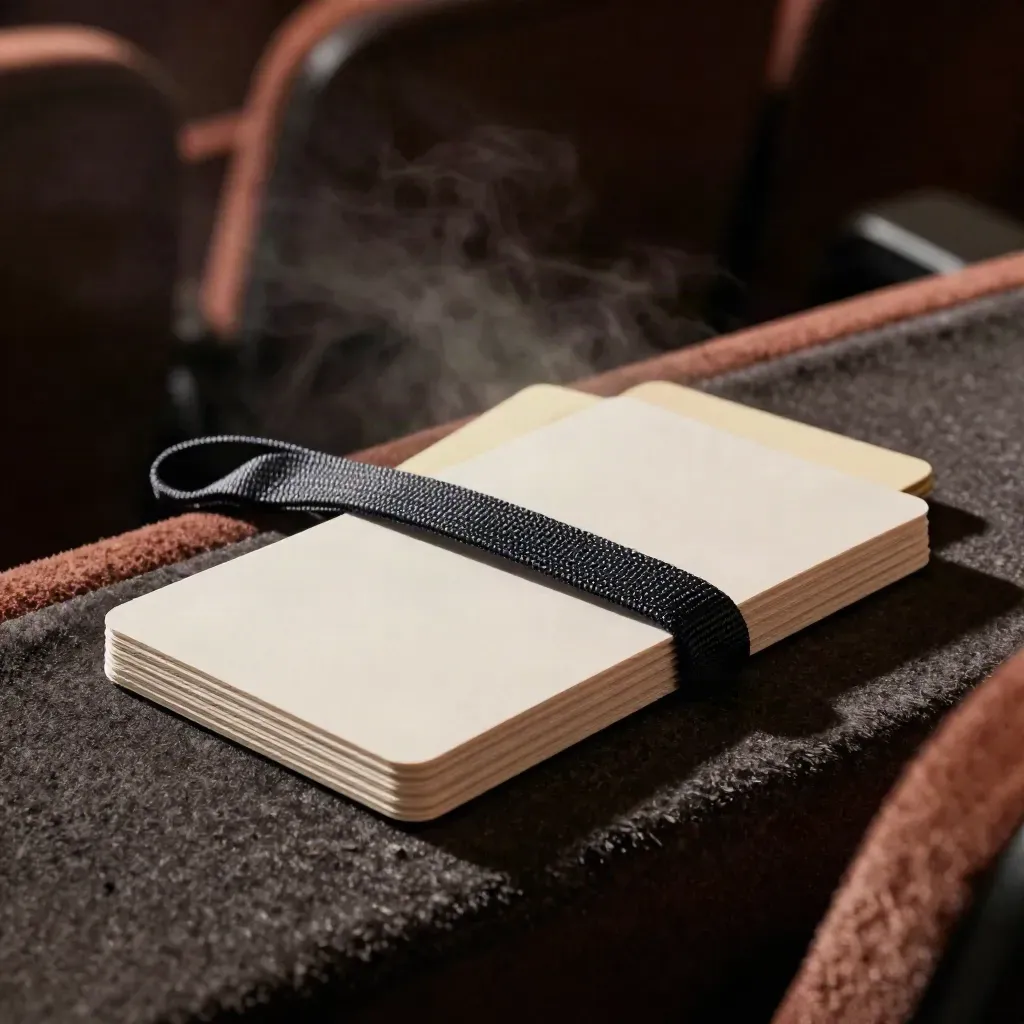 Two indie ticket passes in a velvet sleeve on a theater seat with a blank lanyard.