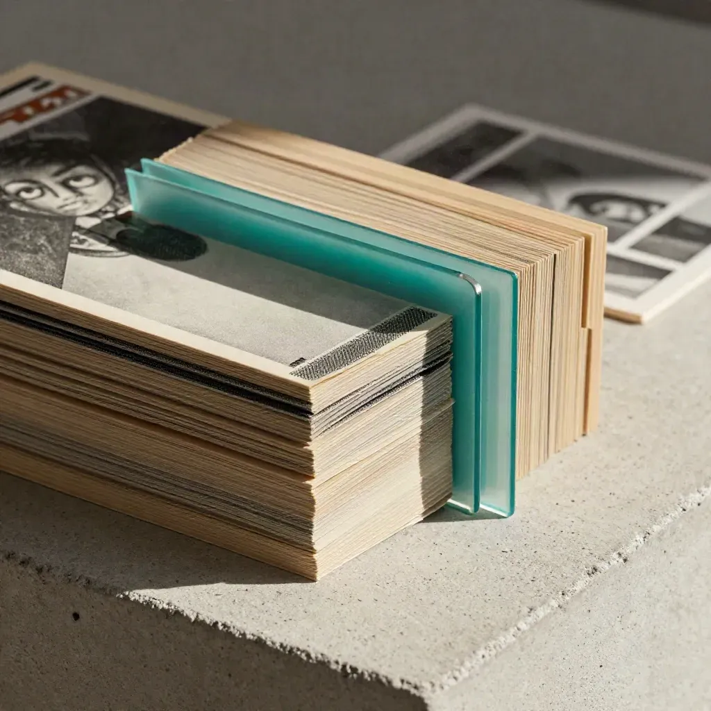 Comic issues stacked with a teal divider on pale concrete, lit from upper left.