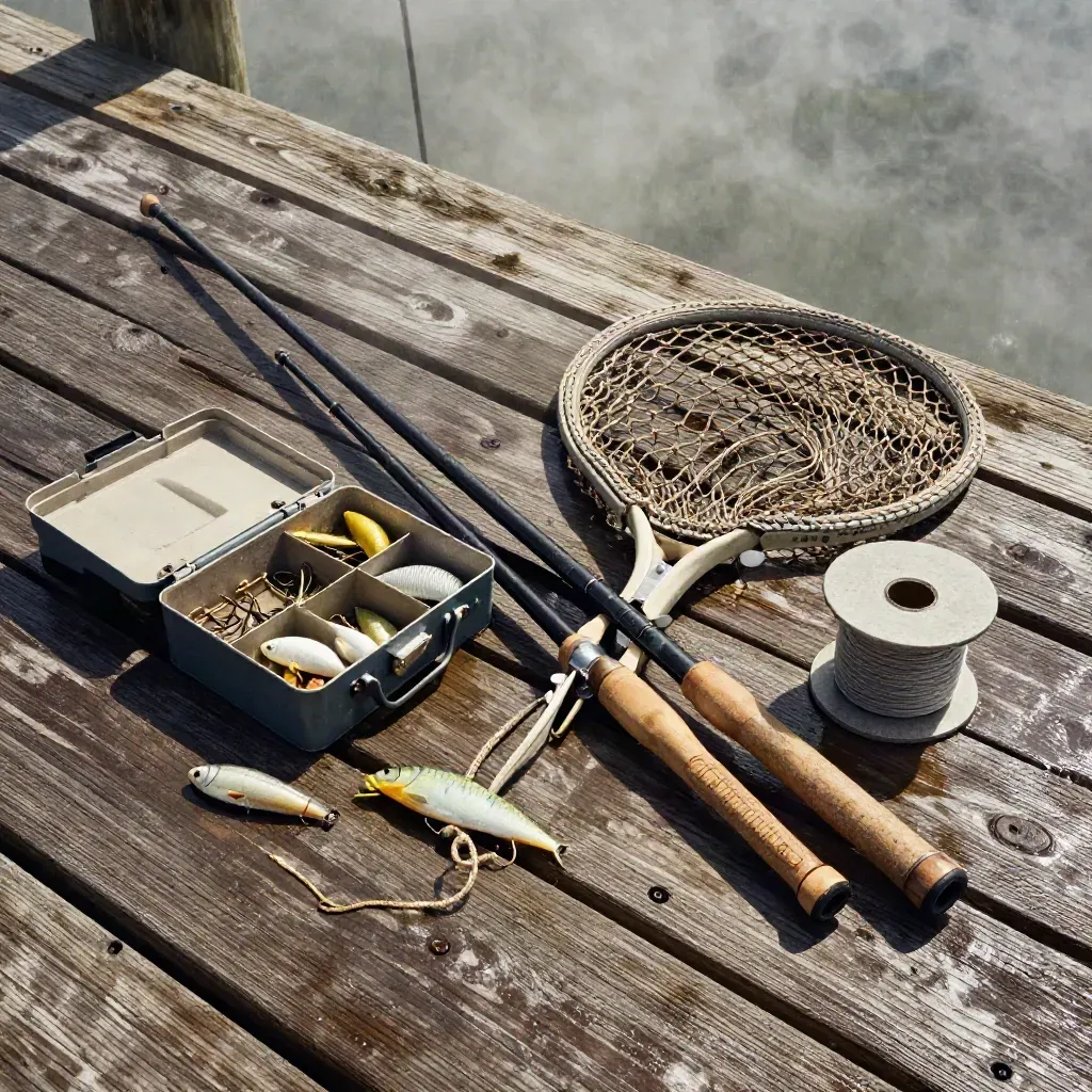 Fishing gear set on wet dock planks with net, lures, tackle box and line spool.