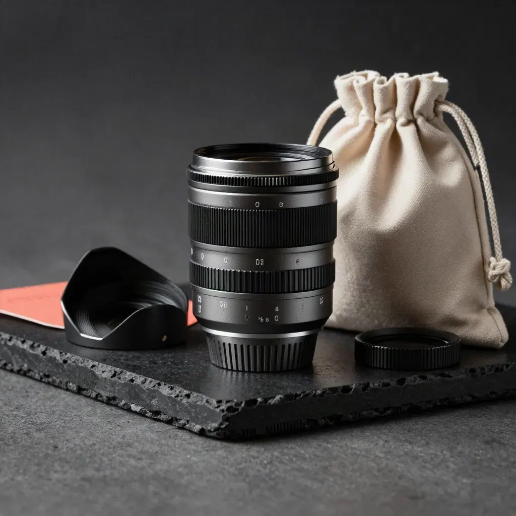55mm lens with hood, cap and pouch lit dramatically on a matte-black surface