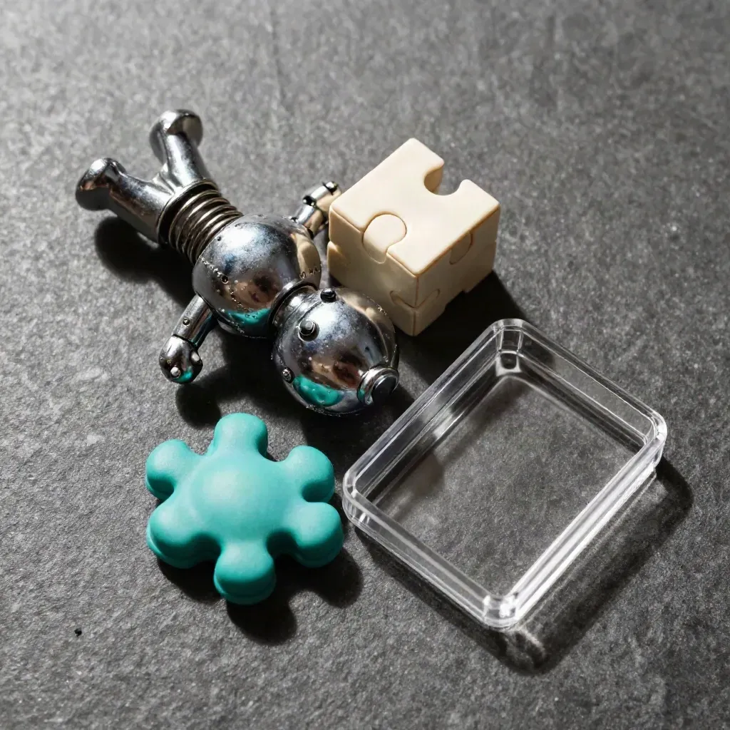 Top-down close-up of mixed novelty toys: wind-up figure, puzzle cube, rubber toy, clear tray.