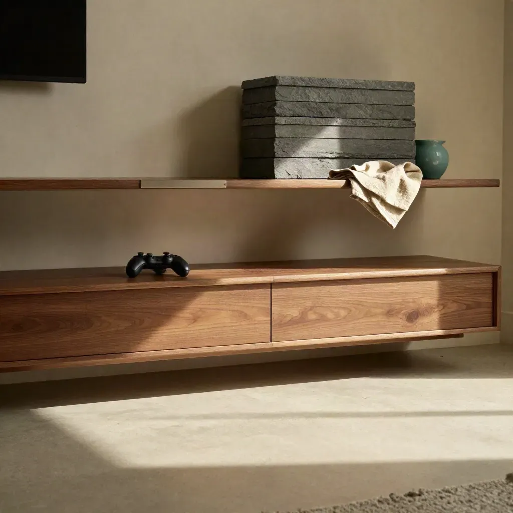 Modern loft with walnut media console, game controller and stacked console cases in soft sunlit space.