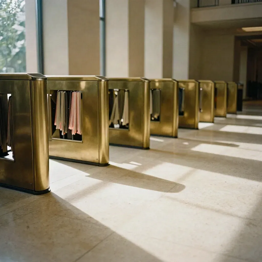 Sunlit museum-like lobby with brass turnstiles and pale stone passage, calm floor below.