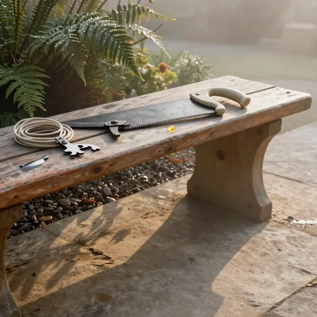 Weathered garden tools on a misty bench above dew-dark gravel at dawn