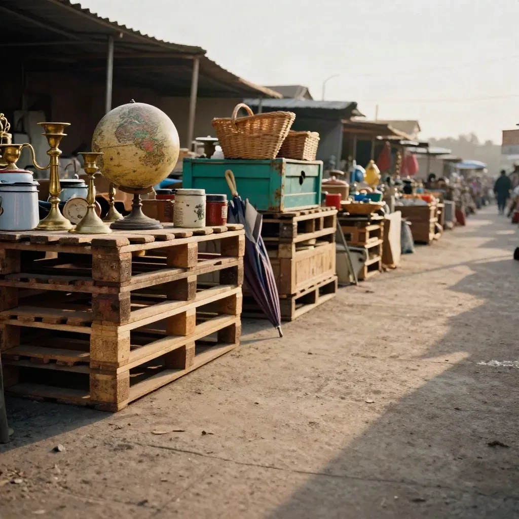 Golden flea-market alley with curios on pallets and closed umbrellas in warm haze.