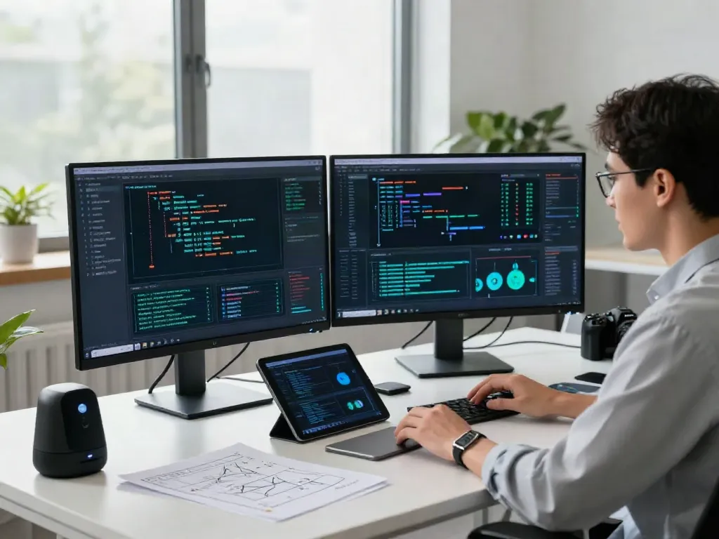 AI infrastructure workspace with professionals analyzing AI models and data visualizations in a modern office.