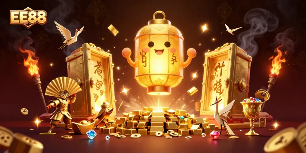 EE88's vibrant casino experience featuring gold treasures, magical lanterns, and winning symbols.