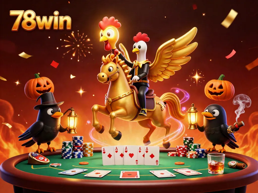 Experience thrilling gameplay at 78win illustrated with a golden rooster and whimsical casino details.
