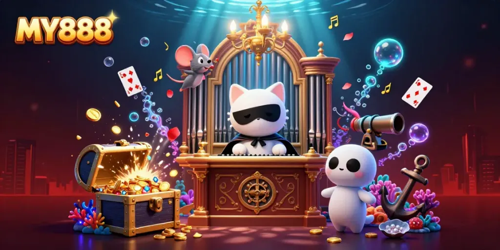 Engage with MY888's rich casino experience featuring a 3D phantom cat and mouse acrobat.