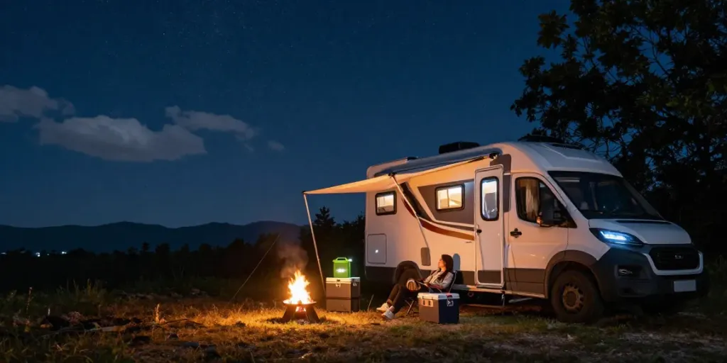 Person at campsite enjoying the benefits of rv lithium battery-powered lights