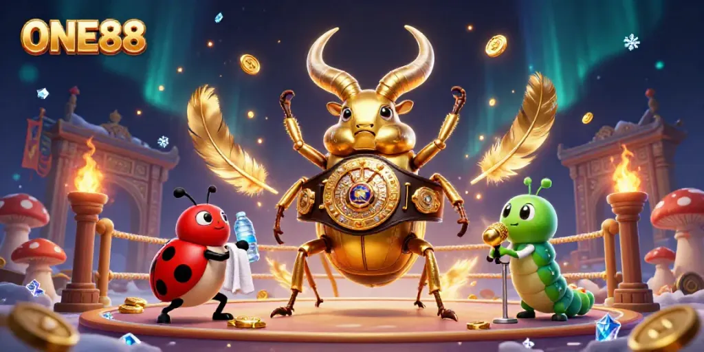 ONE88's vibrant casino battle scene showcasing a giant stag beetle champion, dynamic atmosphere filled with gold coins and flames.