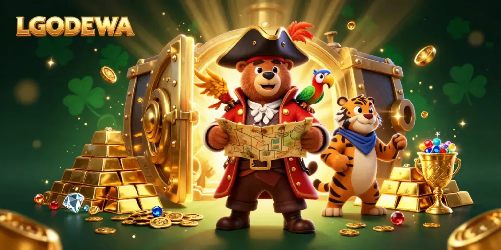 Experience the thrilling adventure with LGODEWA, featuring pirate captain bear and vibrant treasures.