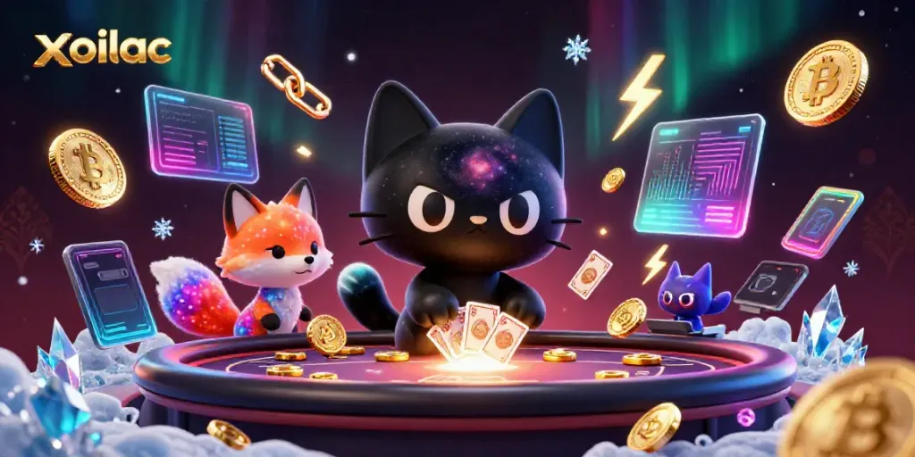 Xoilac's captivating cosmic cat pulls in golden poker chips, set in a vibrant and dynamic casino scene.