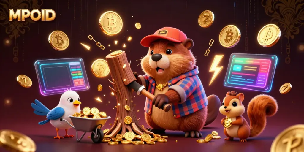 MPOID enhances gaming with vibrant 3D characters symbolizing chance and excitement through golden coins and crypto.