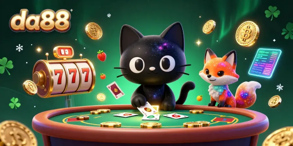 Engage with da88's cosmic casino vibes as a black hole cat attracts golden chips and jackpots.