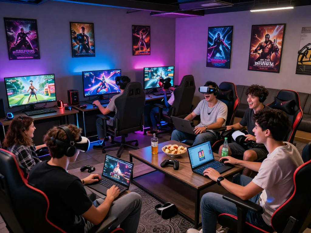 Group of friends enjoying popular porn games in a vibrant gaming lounge.
