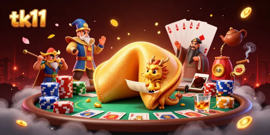 Experience the thrill of tk11 with a vibrant scene featuring a golden fortune cookie and poker elements.