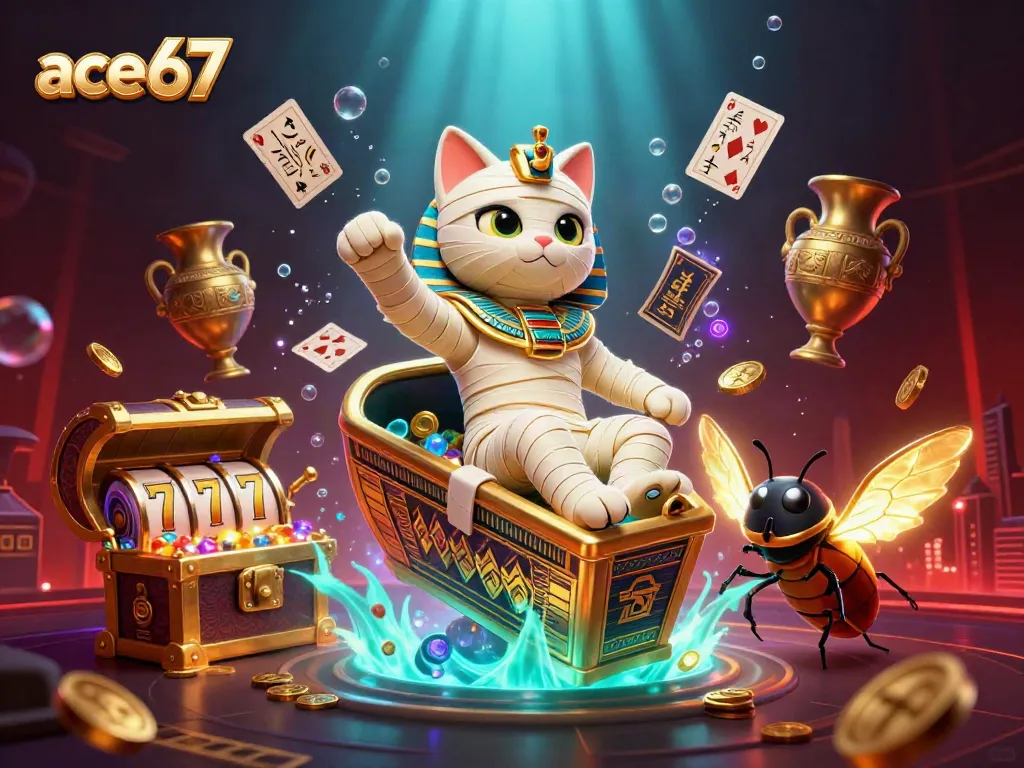 Engage in thrilling gameplay with ace67 featuring a mummy cat and a vibrant casino atmosphere.