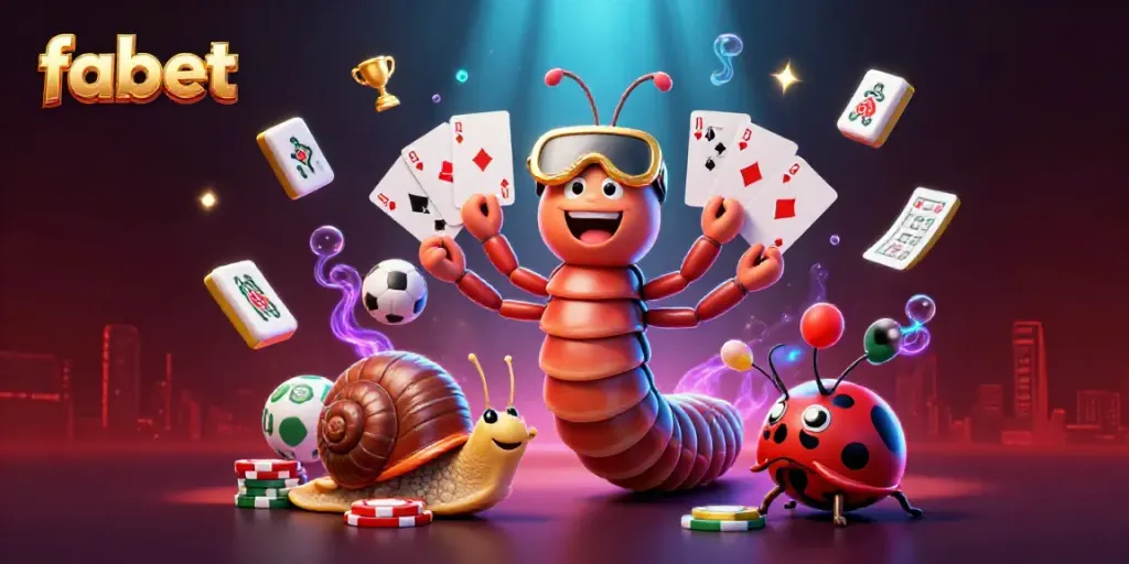 Fabet casino scene with a cartoon millipede dealer, sports betting elements, and vibrant details.