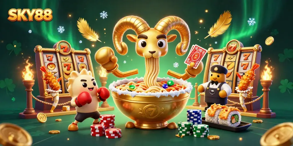 SKY88 vibrant casino scene with a ramen bowl dealer and colorful characters amidst dynamic gambling elements