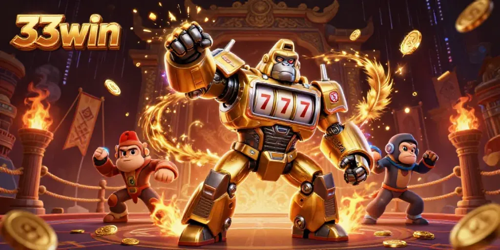 Experience the thrill of 33win with a dynamic gaming mech surrounded by explosive action and casino elements.