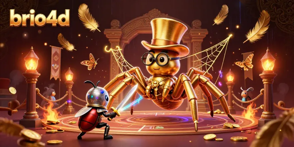 Unleash excitement with brio4d in a rich 3D casino scene featuring a heroic beetle knight and golden tarantula.
