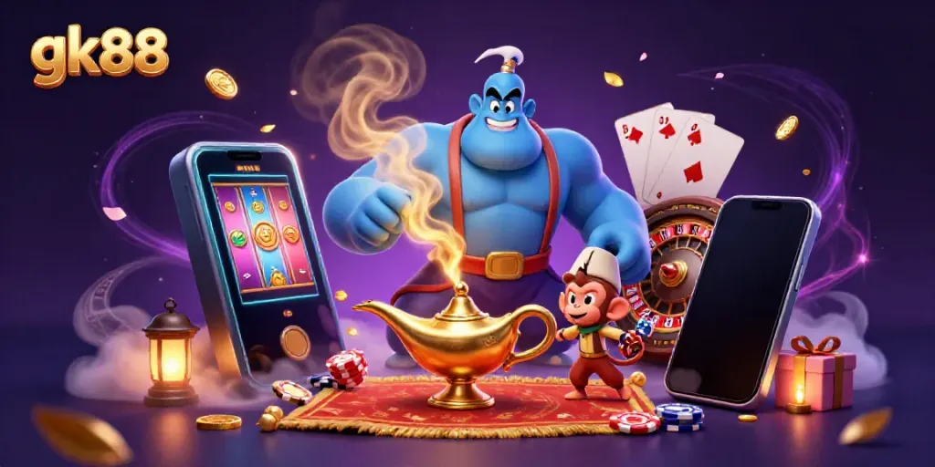 Experience the magic of gk88 with a muscular genie, monkey, and dynamic casino elements.