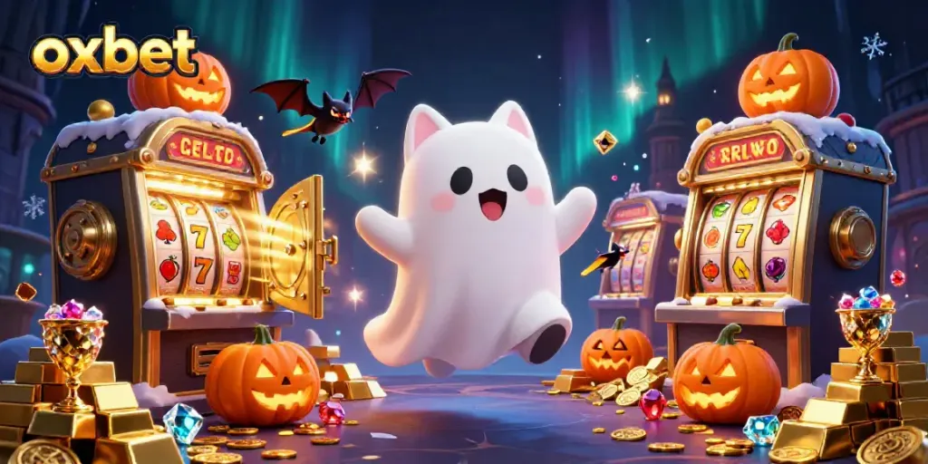 Experience thrilling gameplay with the oxbet ghost cat and vampire bat in a vibrant casino scene.