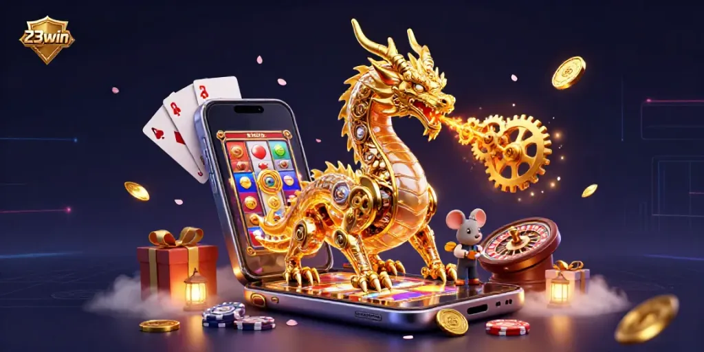 Experience 23win's thrilling gameplay with a golden dragon and casino elements in a vibrant 3D scene.