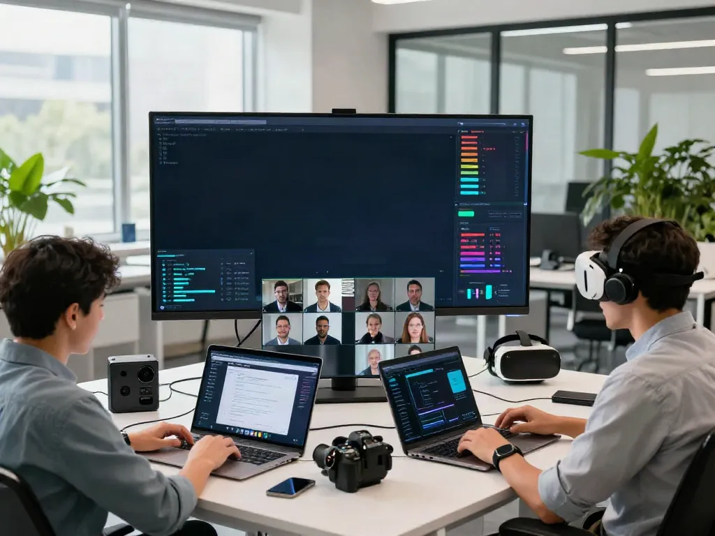 Deepfake protected Online Video Calls team collaborating with cybersecurity technology in modern office.