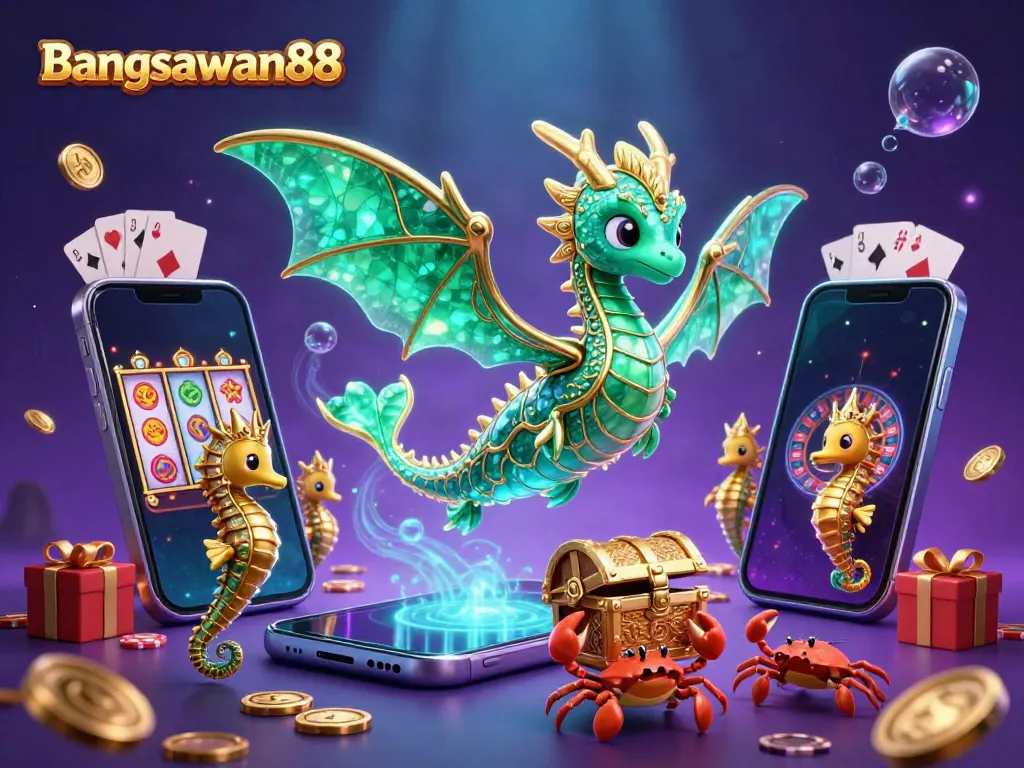 Bangsawan88's vibrant casino scene showcases an emerald sea dragon alongside engaging slot games and treasures.