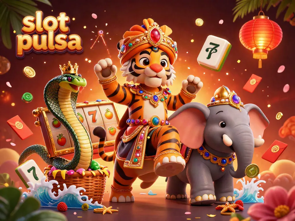 Ilustrasi 3D slot pulsa menampilkan harimau maharaja dan gajah berhiaskan permata dalam suasana kasino megah.