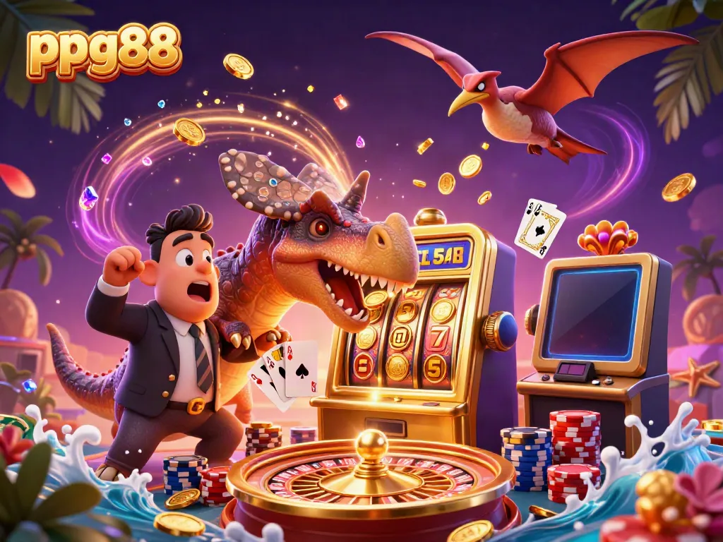Experience a thrilling moment at ppg88 as a cartoon pachycephalosaurus wins a jackpot at a golden slot machine amidst cascading coins.