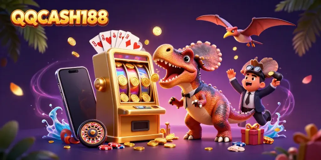 Engaging QQCASH188 scene with a dinosaur and slot machine depicting thrilling casino action.