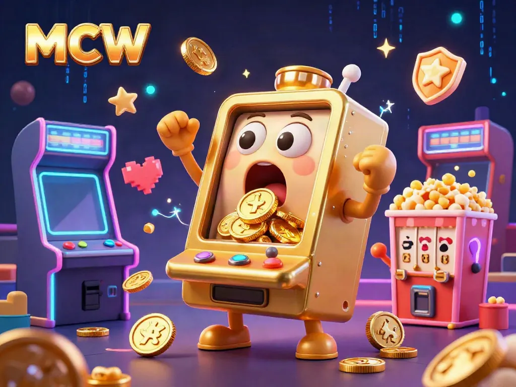 MCW's cartoon slot machine celebrates a jackpot with roaring coins amid vibrant gaming elements.