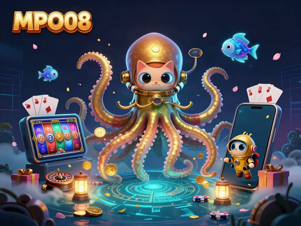 MPO08 presents an exciting scene with a kraken, diving cat, and slot games, capturing the pinnacle of online casino fun.