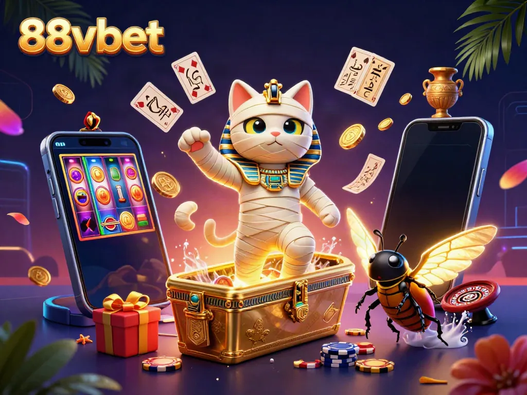 Engage with 88vbet in a vibrant casino illustration featuring a mummy cat and golden scarab.