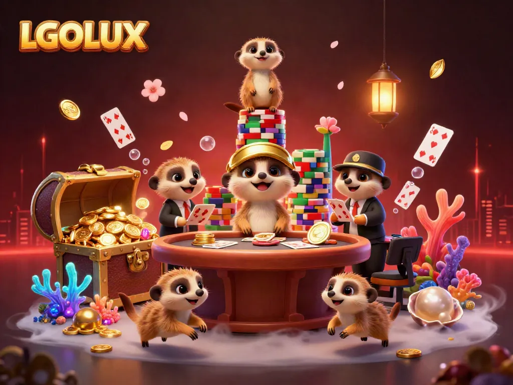 Witness the animated meerkat colony delighting in games at LGOLUX casino, filled with vibrant treasures and decorations.