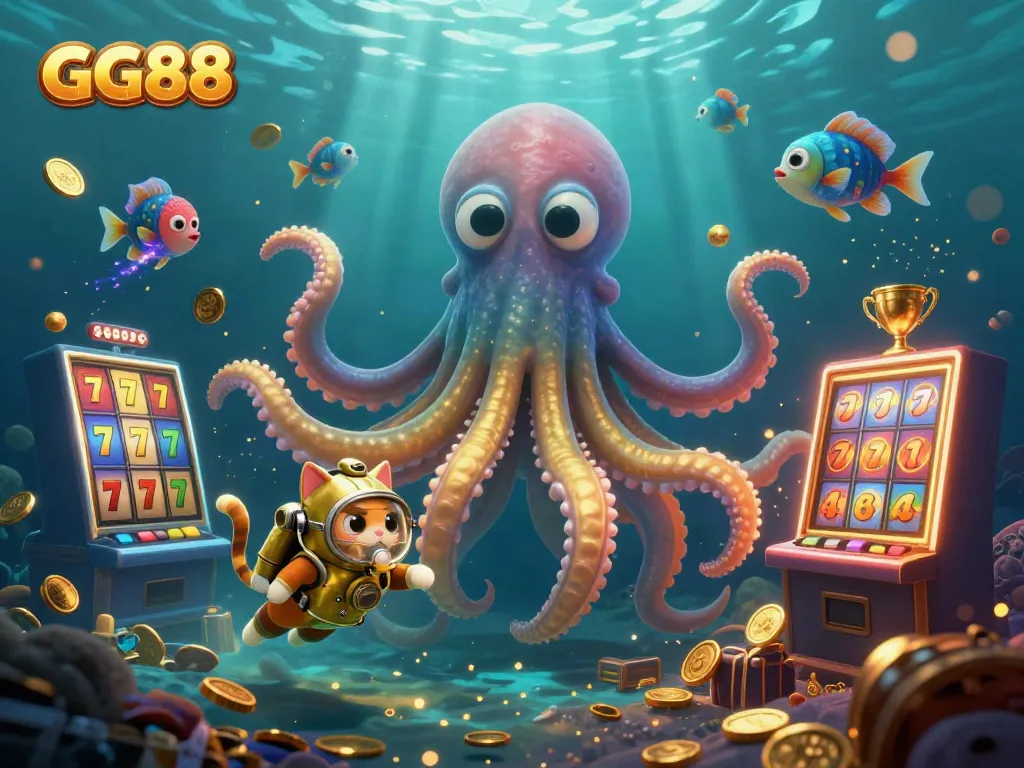 Experience the exciting world of GG88 with a colossal kraken and vintage diving cat amidst a bursting treasure ocean.