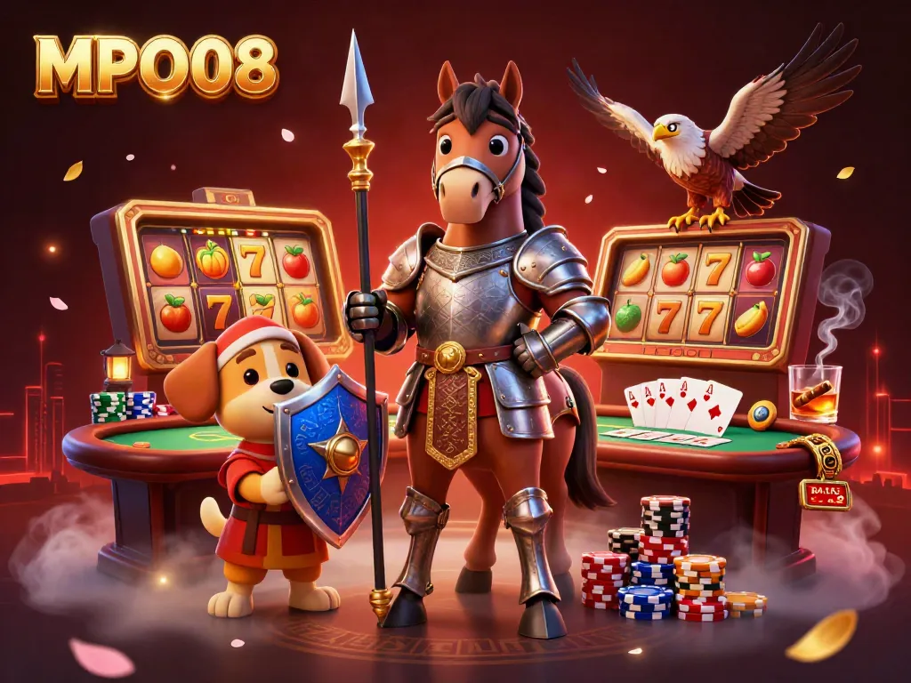 Experience the thrilling world of MPO08 with a knight, squire, and falcon in a vibrant casino scene.
