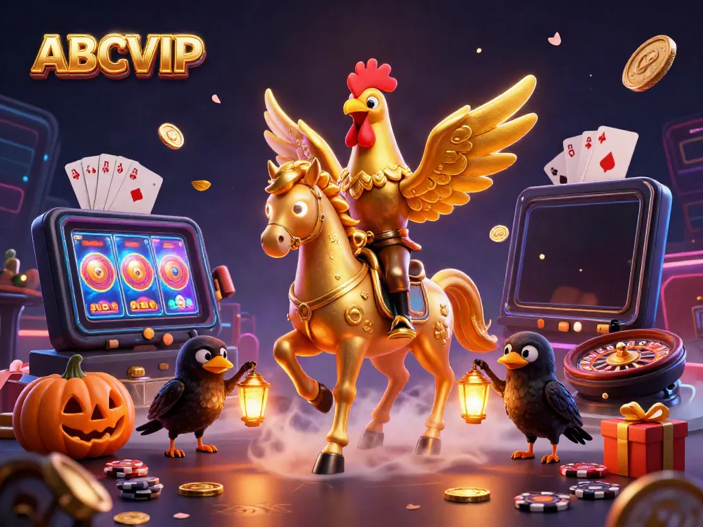 Experience thrilling gaming with ABCVIP as the golden rooster rides through a vibrant casino filled with festive game elements.