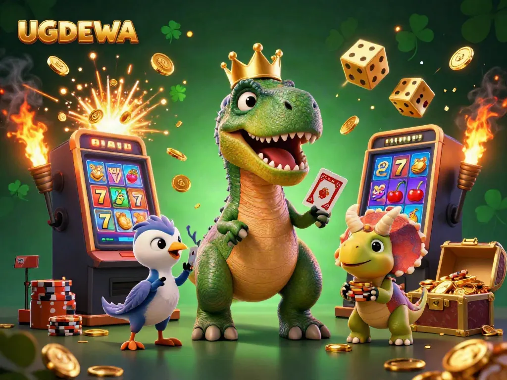 Experience thrilling gambling with UGDEWA's vibrant casino scene featuring a playful dinosaur theme.