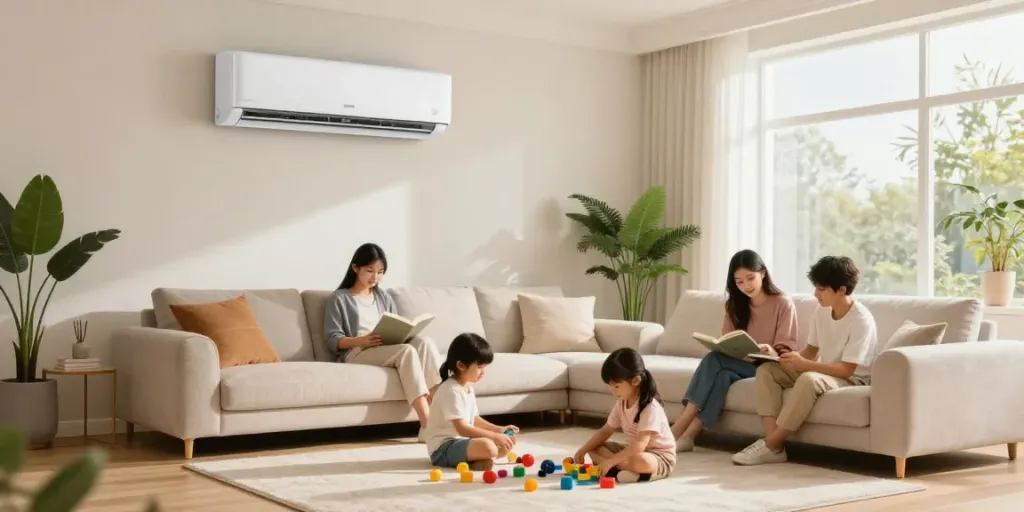 Modern living room featuring a mini split AC, family enjoying quality time together.
